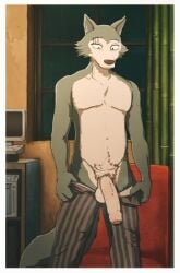 anthro balls beastars big_penis bottomwear bottomwear_down canid canine canis clothed clothing delirost flaccid foreskin fur genitals hi_res humanoid_genitalia humanoid_penis legoshi_(beastars) male male_only mammal open_bottomwear open_clothing open_pants pants pants_down partially_clothed penis pubes scar solo standing thick_penis topless wolf