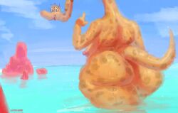 anthro ass beach big_breasts big_butt bodily_fluids breasts dinosaur female hi_res huge_butt long_neck orange_body overweight reptile scalie seaside smashmat solo spots sweat thick_thighs wide_hips