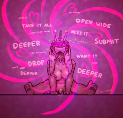 <3_eyes antennae_(anatomy) anthro aquatic_dragon bodily_fluids breast_squish breasts dragon dripping dripping_penis drooling edie_(rahisauce) fin genital_fluids gynomorph head_fin heart hi_res hypnosis hypnotic_visor intersex long_ears looking_up marine mind_control pink_body pink_scales precum precum_drip rahisauce saliva saliva_string scales scalie solo spiral spread_legs spreading squish straight_legs striped_body stripes