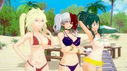 3d 3d_(artwork) 3girls adult_swim beach bikini earrings eight69 female female_bakugou female_deku female_only female_todoroki hoop_earrings izuku_midoriya katsuki_bakugou my_hero_academia rule_63 shouto_todoroki toonami