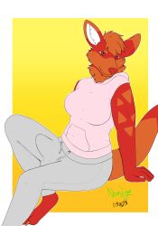 anthro big_breasts big_bulge bottomwear breasts bulge charlie_(neon_lion) clothed clothing detailed_bulge fur genital_outline gradient_background grey_bottomwear grey_clothing grey_pants gynomorph hair hi_res hoodie intersex kangaroo long_tail looking_at_viewer macropod mammal marsupial multicolored_body multicolored_fur muscular muscular_intersex neon_lion orange_hair pants penis_outline pink_clothing pink_hoodie pink_topwear pose red_body red_eyes shaded short_hair simple_background simple_shading sitting sleeveless sleeveless_hoodie slightly_muscular smile smirk smirking_at_viewer solo sweatpants tail tenting topwear workout_clothes workout_clothing workout_outfit