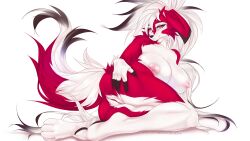 anthro areola ass big_breasts breasts female fluffymonsterart generation_7_pokemon genitals hand_on_butt looking_at_viewer lycanroc midnight_lycanroc nintendo nipples pink_areola pink_nipples pokemon pokemon_(species) purple_eyes pussy red_body simple_background solo white_background white_body