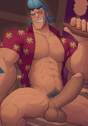 1boy 1male balls bara big_balls big_penis blue_hair blush boner erection franky gay genitals glasses hairy_penis hawaiian_shirt male male_only male_pubic_hair muscles muscular one_piece pantsless pecs penis proud_of_his_cock pubic_hair shirt solo solo_male spread_legs sweaty testicles unbuttoned_shirt wolf_con_f