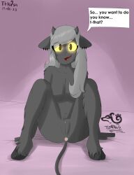 absurd_res anthro anus aroused aroused_smile black_body bodily_fluids bovid caprine clitoris ear_piercing female genitals glowing glowing_eyes goat grey_hair hair hi_res hooves horn long_tail looking_at_viewer lying mammal navel nether_goat noelle_(tleatlnox59) nude piercing pink_pussy pussy simple_background smile smiling_at_viewer solo speech_bubble spread_legs spreading sweat tail tleatlnox59 yellow_eyes