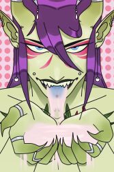 1boy after_fellatio blue_tongue claws excessive_cum facial_piercing fangs femboy forked_tongue green_skin horns jewelry makeup male_focus original_character pointed_ears purple_hair ring solo_focus tagme tattoo tongue_piercing upwardserect