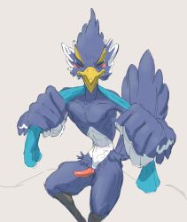 anthro avian beak bird blue_body blue_feathers breath_of_the_wild closed_eyes digital_media_(artwork) erection feathers genitals hi_res male male_only nintendo nude open_mouth penis revali rito scuotivento simple_background sitting skinny slim small_waist smile solo the_legend_of_zelda white_background winged_arms wings