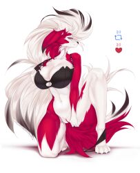 anthro big_breasts bottomless breasts clothed clothing female fluffymonsterart generation_7_pokemon genitals looking_at_viewer lycanroc midnight_lycanroc nintendo pokemon pokemon_(species) pussy red_body red_eyes simple_background solo spread_legs spreading underwear white_background white_body