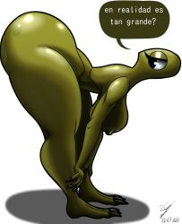 absurd_res anthro ass big_breasts big_butt bongo_(bonguitoweon) breasts curvaceous curvy_figure dinosaur female green_body green_eyes hi_res irc_(artist) nipples reptile scalie seductive solo spanish_text text thick_thighs voluptuous