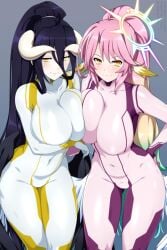 2girls albedo_(overlord) arms_under_breasts asymmetrical_docking bangs bodysuit breast_press closed_mouth covered_collarbone crossover female female_only half-closed_eyes halo hand_on_hip horns huge_breasts jibril_(no_game_no_life) lindaroze long_bangs long_sleeves looking_at_viewer multicolored_hair no_game_no_life overlord_(maruyama) skin_tight smile standing succubus zero_suit