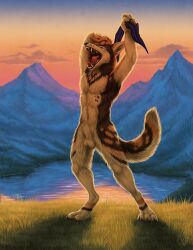 animal_genitalia anthro backlighting balls brown_body brown_fur canid canine canis cheek_tuft chest_tuft claws closed_eyes cloud countershade_torso countershading coyote detailed detailed_background detailed_fur digitigrade facial_tuft fangs finger_claws fluffy fluffy_tail fully_sheathed fur genitals grass head_tuft inner_ear_fluff kippycube lake light lighting male mammal mountain nude open_mouth outside plant raised_arms shaded sheath signature sky snout solo spots spotted_body spotted_fur stretching sunrise tail teeth toe_claws tongue tuft yawn