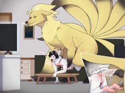 absurd_res anal anal_sex anthro anthro_on_feral ass balls bodily_fluids butt_heart cum cum_in_ass cum_inside cum_on_penis dragon duo feral fur furred_dragon generation_1_pokemon genital_fluids genitals heart hi_res male male/male neck_tuft ninetales nintendo open_mouth penetration penis pink_body pink_fur pokemon pokemon_(species) red_eyes reguiguigas_(artist) sae_(oc) scar size_difference smug stomach_bulge tokala_freygund tuft white_body white_fur yellow_body yellow_fur zoophilia