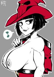 black_eyes black_hair bob_cut female guilty_gear half-dressed hat huge_breasts i-no lipstick looking_back mole nail_polish side_view sideboob solo_female tomboy_sama