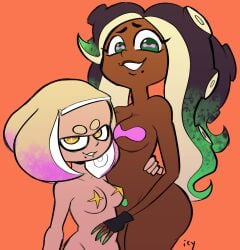 2girls cephalopod dark_skin duo female female_only humanoid inkling iseenudepeople light_skin marina_(splatoon) multiple_girls nude octoling off_the_hook pasties pearl_(splatoon) splatoon splatoon_2 tentacle_hair