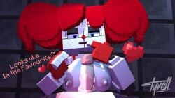 1boy 1girls 3d animatronic animatronic_girl baby_(fnafsl) blue_eyes breasts circus_baby circus_baby_(fnaf) circus_baby_(minecraft) erect_nipples erect_penis five_nights_at_freddy's five_nights_at_freddy's:_sister_location freckles horny_female human humanoid humanoid_penis looking_at_penis male_pov mine-imator minecraft outdoors ponytails pov red_gloves red_hair red_nose robot_girl smile straight tagme tyiscrazy