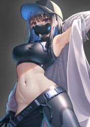 1girls armpits belly belly_button big_breasts blue_archive blue_eyes blue_hair breasts clothed clothing female female_only gloves hat highres innie_belly_button innie_navel looking_at_viewer mask masked masked_female midriff navel okayusonmu saori_(blue_archive) tummy