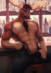 1boy abs anthro antlers banni_art bar blue_eyes blue_markings body_fur bottle brown_body brown_fur brown_hair bulge capreoline chest_tuft clothed clothing container deer dick_root diffuse_moose facial_hair genitals hi_res looking_at_viewer male male_only male_pubic_hair mammal masculine mature_male moose muscles muscular_anthro muscular_male mustache open_pants pants_only partially_clothed pecs penis penis_base seductive shirtless smooth_fur solo topless tuft unzipped unzipped_pants zipper