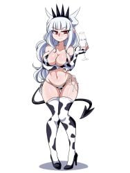 2d arm_under_breasts big_breasts breasts champagne cleavage cow_print demon demon_girl female female_focus female_only helltaker high_heels lucifer_(helltaker) lucyfercomic red_eyes solo thick_thighs white_hair