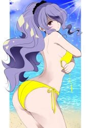 1girls alternate_costume alternate_hairstyle ass back bare_back bare_thighs beach big_ass bikini blue_shorts blue_sky breasts brown_eyes camilla_(fire_emblem) closed_mouth cloud commentary_request contemporary day eyebrows_visible_through_hair fe135700 female female_only fire_emblem fire_emblem_fates hair_over_one_eye highres long_hair looking_at_viewer medium_breasts midriff nintendo ocean outdoors pillarboxed ponytail purple_eyes purple_hair sand sky smile solo sunlight swimsuit thick_thighs thighs undressing untied untied_bikini very_long_hair water wavy_hair yellow_bikini yellow_swimsuit