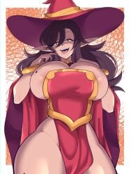 1girls absurd_res areola_slip big_breasts black_hair elf elf_ears elf_female eyes_mostly_closed female female_only g_(oolongearlgrey) long_hair looking_at_viewer mole_under_mouth myutoeve open_mouth orange_eyes pointy_ears seductive_look sideboob skimpy skimpy_clothes smiling smiling_at_viewer smug solo solo_female solo_focus thick_thighs tongue_out wide_hips witch witch_hat