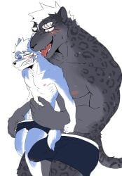 anthro big_penis black_nose blue_body blue_eyes blue_fur blush bodily_fluids bulge canid clawed_fingers clenched_teeth clothed clothing cyanusowo duo erection erection_under_clothing eye_scar facial_scar felid fur genital_fluids genitals grey_body grey_fur head_tuft hi_res holding_body holding_stomach holding_up_other_character invalid_tag leopard leopard_spots licking male male/male mammal multicolored_body muscle_size_difference neck_lick nipples orange_eyes pantherine penis pink_nipples precum precum_through_clothing precum_through_underwear pubes ribs scar size_difference spots sweat tail teeth tenting tongue tongue_out tuft two_tone_body underwear wet wet_clothing white_body white_fur