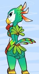 anthro avian balls_outline beak bird bird_body_(nintendo_switch_sports) bottomwear bulge clothing detailed_bulge feathers genital_outline girly grass_skirt green_body green_feathers hi_res hotpants male miniskirt mintybirdd nintendo nintendo_switch nintendo_switch_sports shorts skirt small_shorts solo tail_feathers tight_clothing tribal_clothing white_body white_feathers