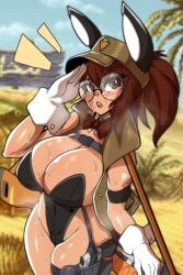 1girls breasts brown_eyes brown_hair bunny_ears bunny_girl bunnysuit female fio_germi glasses gun hat huge_breasts light-skinned_female light_skin long_hair metal_slug ponytail salute snk steam steaming_body sweat sweaty_body thick_thighs wide_hips zzvinniezz