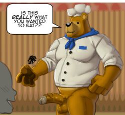 2023 anthro balls bear bear's_restaurant belly black_eyes black_nose blush chef chef_hat chef_uniform clothing dialogue dot_eyes duo english_text genitals hat headgear headwear hi_res hunter-husky male male_only mammal overweight overweight_male penis solo_focus text