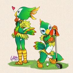 1:1 2023 anthro ass avian backsack balls beak bedroom_eyes bird bird_body_(nintendo_switch_sports) blue_eyes bottomwear clothing dipstick_tail_feathers erection eye_markings eyelashes feathers foreskin genitals golf golf_ball golf_club grass_skirt green_body green_feathers hi_res humanoid_genitalia humanoid_penis lapatte male markings miniskirt narrowed_eyes nintendo nintendo_switch nintendo_switch_sports penis seductive simple_background skirt solo tail_feathers tribal_clothing white_body white_feathers yellow_beak