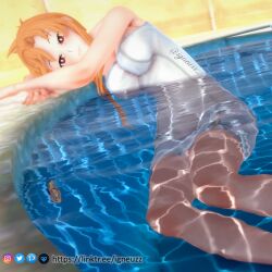 3d bath bathing bathroom bathtub bed_sheet blush bottomless bra breasts condom condom_wrapper dutch_angle female huge_breasts igneuzz knees_up light-skinned_female long_hair looking_at_viewer orange_hair sword_art_online towel towel_only yuuki_asuna