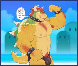 1boy 2020s 2023 anthro arm_hair armpit_hair beach big_pecs biped blep bodily_fluids body_hair bonfiredemon bowser bracelet bulge chest_hair dialogue digital_media_(artwork) english_text flexing_bicep genital_outline hair hi_res horn jewelry koopa looking_at_viewer male male_only mario_(series) muscular muscular_anthro muscular_male nintendo nipples outside pecs penis_outline pubes red_hair red_pubes scalie seaside sky smile solo speedo spiked_bracelet spikes super_mario_bros. sweat talking_to_viewer text tongue tongue_out