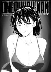 1girls absurd_res bangs bare_shoulders bent_over big_breasts black_and_white blush breasts busty cleavage clothed clothing collarbone cover curvy dress earrings eye_contact eyelashes female fringe front_view fubuki_(one-punch_man) greyscale hair_behind_ear half-closed_eyes highres hips huge_breasts large_breasts lips lipstick medium_hair nipple_bulge one-punch_man phil96art short_hair smile smiling smiling_at_viewer smirk solo voluptuous