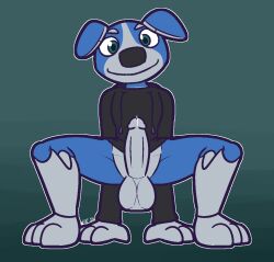 2023 3_toes 4_fingers all_fours anthro anthrofied balls big_balls big_penis black_clothing black_hoodie black_nose black_pupils black_topwear blue_body blue_fur bodily_fluids bottomless canid canine canis clothed clothing domestic_dog erection feet fingers floppy_ears fur genital_fluids genitals glans gradient_background green_background green_eyes grey_balls grey_body grey_glans grey_penis hoodie kc_(robodog) looking_at_viewer machine male mammal penis precum pupils robodog robot simple_background smile solo spread_legs spreading toes topwear ultilix