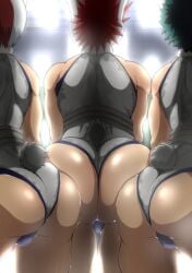 3boys ass ass_focus ass_to_ass balls bare_shoulders big_ass bulge bunny_tail cosplay crossdressing crossplay dat_ass eijirou_kirishima femboy green_hair huge_ass izuku_midoriya leotard male male_only miruko_(cosplay) my_hero_academia red_hair s-sorry shouto_todoroki testicles thick_thighs thighs twink white_leotard