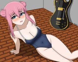 blue_eyes blush bocchi_the_rock! breasts clothing daikiri_di_mon electric_guitar female gotou_hitori guitar human musical_instrument pale_skin pink_hair swimsuit swimwear