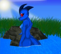 2010 anthro areola ass black_scutes blue_body blue_scales blue_skin blue_sky breasts casual_exposure casual_nudity day female grass hand_on_ground june_(justathereptile) justathereptile komodo_dragon lake light light_beam lizard looking_at_viewer monitor_lizard nipples non-mammal_breasts nude outdoor_nudity outside pink_areola pink_nipples plant red_eyes reptile rock scales scalie scutes shore sky smile solo sun sunbeam sunlight tail water