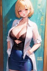 1girls ai_art_panwho ai_generated blonde_hair breasts cleavage female hi_res huge_breasts light-skinned_female light_skin original original_character short_hair stable_diffusion thick_thighs thighs