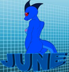 2010 anthro areola ass black_scutes blue_background blue_body blue_scales blue_skin breasts character_name english_text female geometric_background gradient_background grid_background hand_between_legs june_(justathereptile) justathereptile komodo_dragon lizard looking_at_viewer monitor_lizard nipples non-mammal_breasts nude pattern_background pink_areola pink_nipples rear_view red_eyes reptile scales scalie scutes simple_background smile solo tail text turned_away