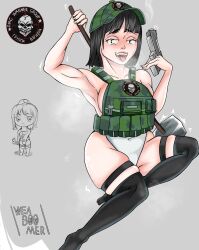 black_hair breasts female gun military military_uniform pmc_wagner short_hair stockings thick_thighs wagner_chan weab00mer weapon