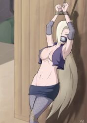 1girls against_wall arms_up big_breasts blush bondage bra breasts cleavage clothing crop_top elbow_pads embarrassed female female_only fetish forehead_protector hair_down hair_over_one_eye headband improvised_bondage improvised_gag ino_yamanaka konohagakure_symbol long_hair looking_away loose_hair miniskirt mouth_gag naruto naruto:_the_last naruto_(series) naruto_shippuden no_bra pantyhose rope rope_bondage shirt skirt sleeveless sleeveless_shirt solo solo_focus standing submissive submissive_female tied_up very_long_hair voluptuous zelgadisgw