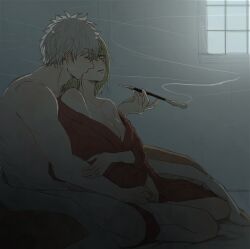 1boy 1girls after_sex blonde_hair cleavage clothed_female_nude_male facial_scar female from_behind gintama gintoki_sakata hair_down intimate kimono kiseru male mo_mo_rice nude_male off_shoulder open_kimono pipe sitting smoke smoking smoking_pipe tsukuyo