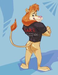 anthro ass black_clothing black_shirt black_t-shirt black_topwear blue_background clothing crossed_arms dare_lion dare_program daren detailed_background english_text felid fur hair hi_res lion male mammal open_mouth orange_hair pantherine pink_nose redo_(artist) shadow shirt simple_background solo t-shirt tan_body tan_fur text topwear