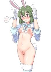 animal_ears bangs blush breasts embarrassed female female_pubic_hair flying_sweatdrops gloves green_hair groin highres idolmaster idolmaster_million_live! idolmaster_million_live!_theater_days medium_breasts medium_hair nagayoshi_subaru navel nipples nose_blush open_mouth origomato pubic_hair pussy rabbit_ears rabbit_tail simple_background solo sparse_pubic_hair spoken_blush stomach sweatdrop tail uncensored white_background white_gloves