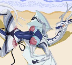 1girls accessory alternate_costume anthro anthro_only beach bikini blush breasts corrin_(fire_emblem) corrin_(fire_emblem)_(female) dragon dragon_girl female female_dragon female_only fire_emblem fire_emblem_cipher fire_emblem_fates hey_ho_system huge_breasts legs_open official_alternate_costume scalie scalie_female shell_bikini solo solo_female swimsuit tail transformation wings