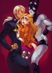 1boy 1boy1girl 1girls before_sex big_breasts black_eyes blonde_hair clothed dark-skinned_male dark_skin enrico_pucci green_eyes horny jojo's_bizarre_adventure jojo_reference jumper miuccia_miuller pink_lips pink_lipstick pose sandwiched skirt stand_(jjba) stone_ocean thick_ass threesome white_hair white_skin whitesnake worried