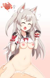 animal_ear_fluff animal_ears azur_lane bottomless breasts breasts_out claw_pose closed_eyes clothes_lift cowgirl_position cowgirl_position crop_top cum cum_in_pussy deep_penetration female fingerless_gloves gloves grey_hair highres long_hair medium_breasts ohno open_mouth orgasm overflow ribbon sex shirt_lift straddling tail vaginal_penetration wolf_ears wolf_girl wolf_tail yuudachi_(azur_lane)