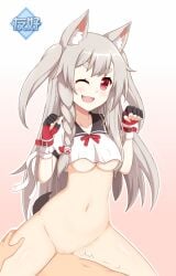 animal_ear_fluff animal_ears azur_lane bottomless breasts claw_pose cowgirl_position cowgirl_position crop_top crop_top_overhang deep_penetration female fingerless_gloves gloves grey_hair happy_sex highres long_hair ohno one_eye_closed red_eyes ribbon sex smile straddling tail underboob vaginal_penetration wolf_ears wolf_girl wolf_tail yuudachi_(azur_lane)