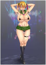 1girls anal_beads areola_slip armpit_hair armpits arms_behind_head bikini black_bikini black_high_heels black_socks blonde_hair blood_rouge bracelet condom condom_in_clothes female female_only green_skirt gyaru hair_between_eyes high_heels jewelry juukon_sentai_juusoldier_(takeda_hiromitsu) kneehighs large_breasts looking_at_viewer makeup micro_bikini microskirt multicolored_hair open_mouth penis_earrings pink_hair sex_toy skirt socks solo solo_focus standing steam steaming_body swimsuit teeth tongue tongue_out twintails two-tone_hair upper_teeth_only yamabuki_mia_(juukon_sentai_juusoldier)