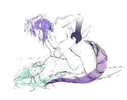 1futa 1girls blue_hair breasts dragon_girl duo female finana_ryugu futa_on_female futanari green_hair head_wings humanoid implied_futanari leg_grab long_hair lying_on_back monochrome nijisanji nijisanji_en nude on_back pointy_ears purple_hair selen_tatsuki sex side_view sketch smiling tail treker virtual_youtuber