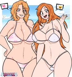 2girls alternate_version_available big_breasts bikini bikini_bottom bikini_top bleach blush breasts brown_eyes cleavage female female_only hair heart hips huge_breasts inoue_orihime long_hair matsumoto_rangiku multiple_girls orange_eyes orange_hair pink_bikini short_hair silenttandem skimpy skimpy_bikini smile swimwear white_bikini