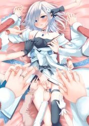 arms_up bed bedroom blue_eyes curvaceous curvy curvy_body curvy_female curvy_figure fingering fingers human human_only isuzu_ren kanechitomoyo madoka_kaname magia_record:_mahou_shoujo_madoka_magica_gaiden magical_girl mahou_shoujo_madoka_magica masturbating masturbation multiple_girls short_hair white_hair yuri